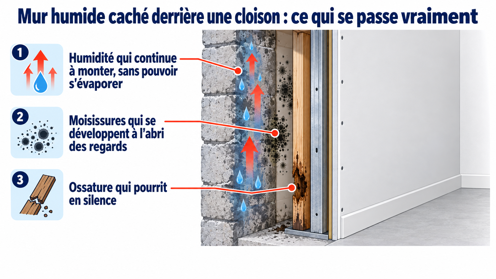 Mur humide caché derrière une cloison : humidité, moisissures et dégradation de l’ossature