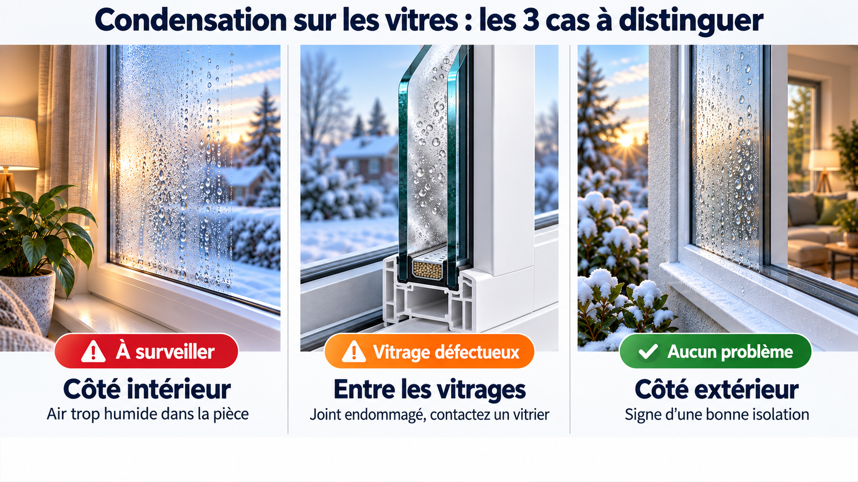 Infographie : les 3 types de condensation sur les vitres en hiver — intérieur, entre vitrages, extérieur