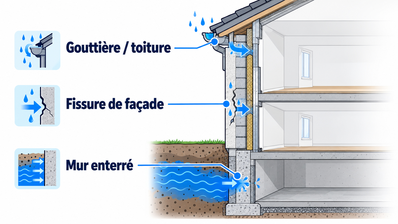 Schéma des causes d’infiltration d’eau dans un mur : fissure, gouttière, mur enterré